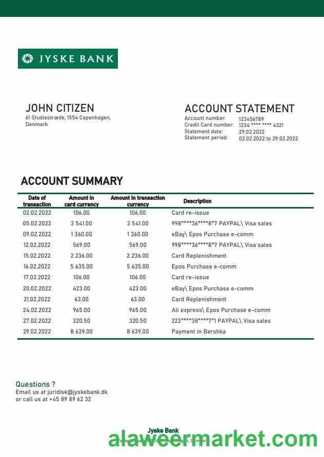 Denmark Jyske bank statement
